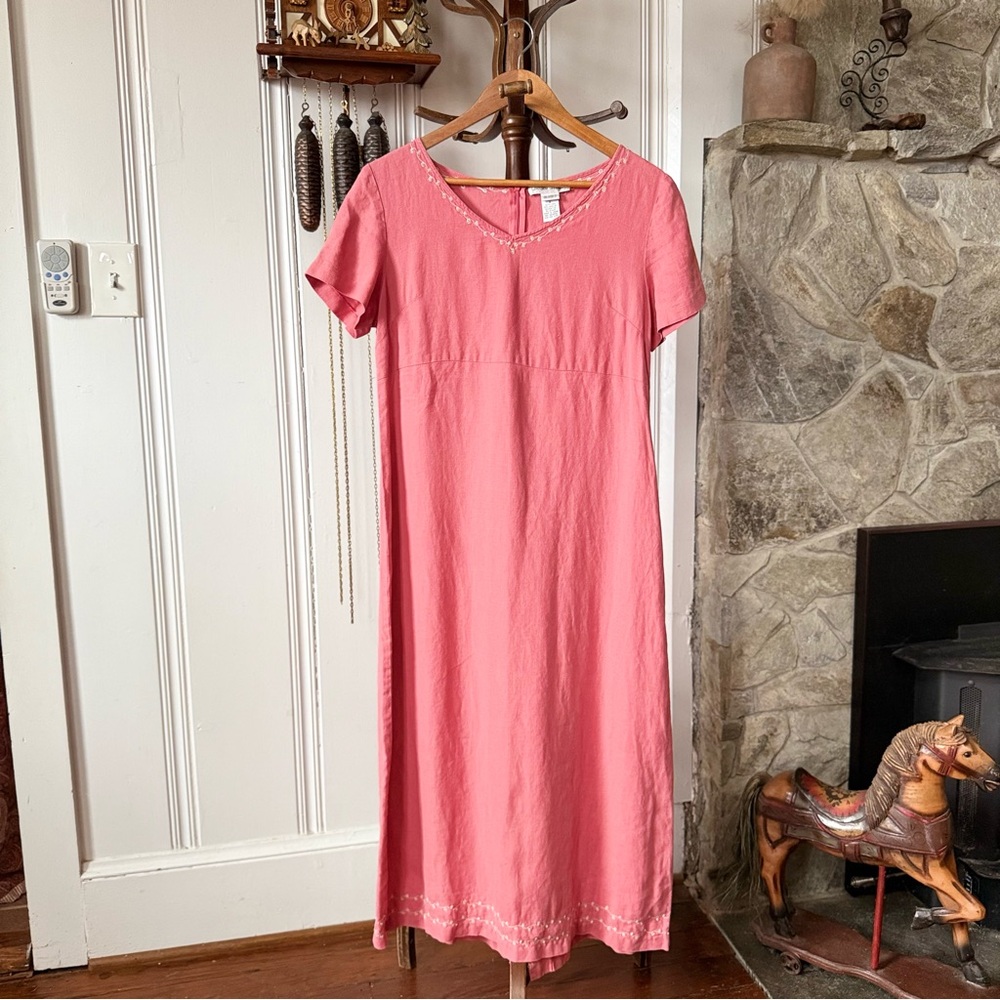 90s Linen Embroidered Pink Short Sleeve Midi Dress